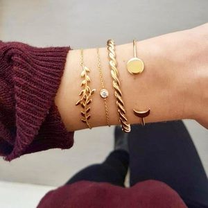 “Edith” Gold Moon Diamond Leaf Stacked Bracelets